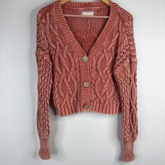 Anthropologie Pilcro Cropped Chunky Cardigan XS Pumpkin Fisherman Cable Knit Y2K - Picture 3 of 12